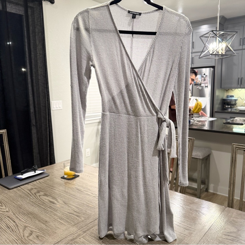 Express Silver Ribbed Wrap Dress - Long Sleeve